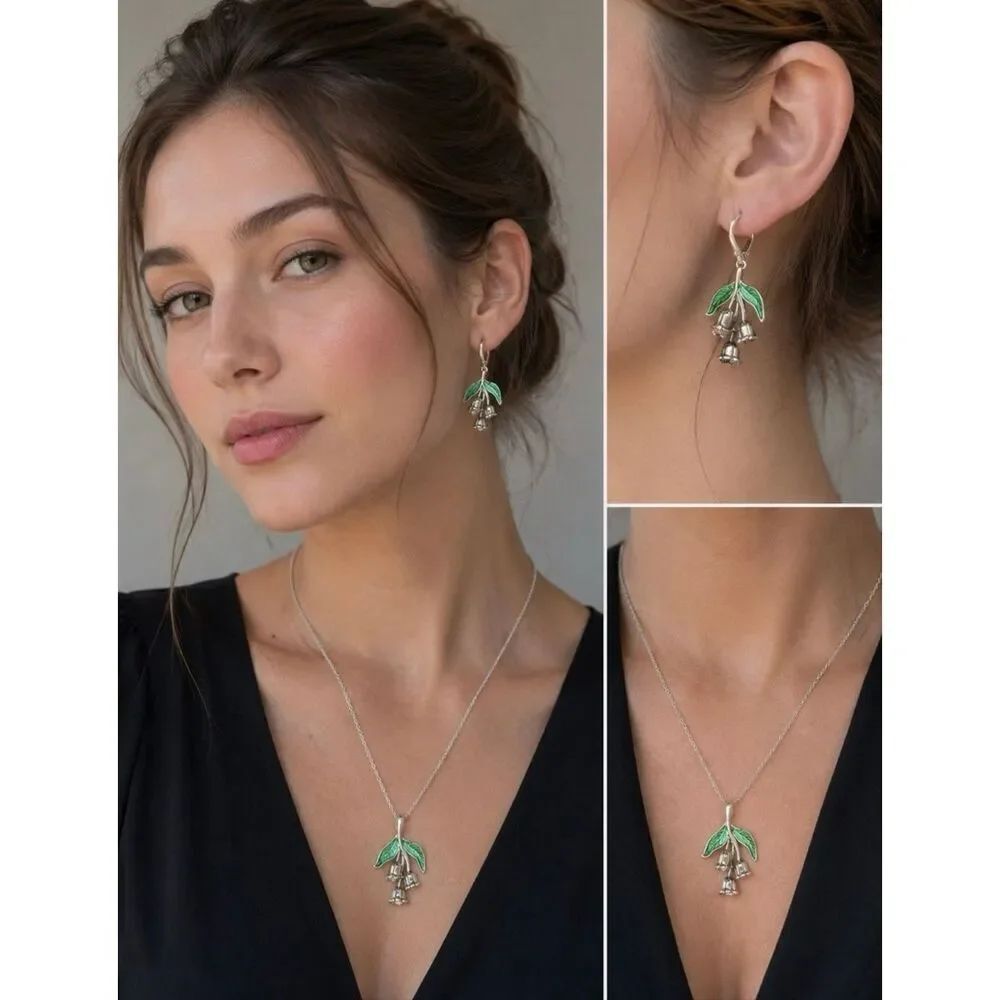 Anthropologie Silver Lily Of The Valley Necklace Earrings Set Green Enamel NWOT